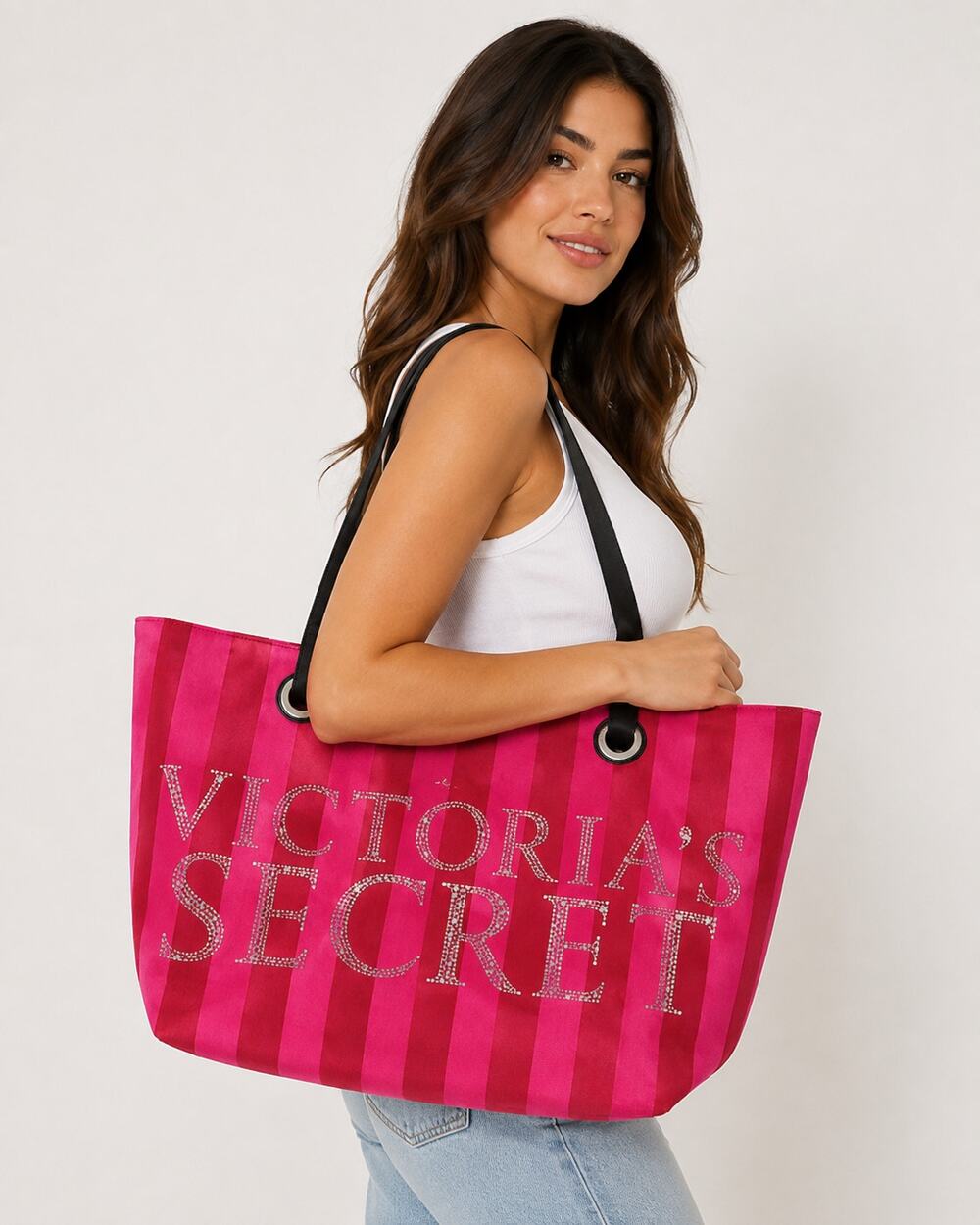 NWT Y2K Victoria’s Secret Pink Stripe Rhinestone Bling Tote Bag